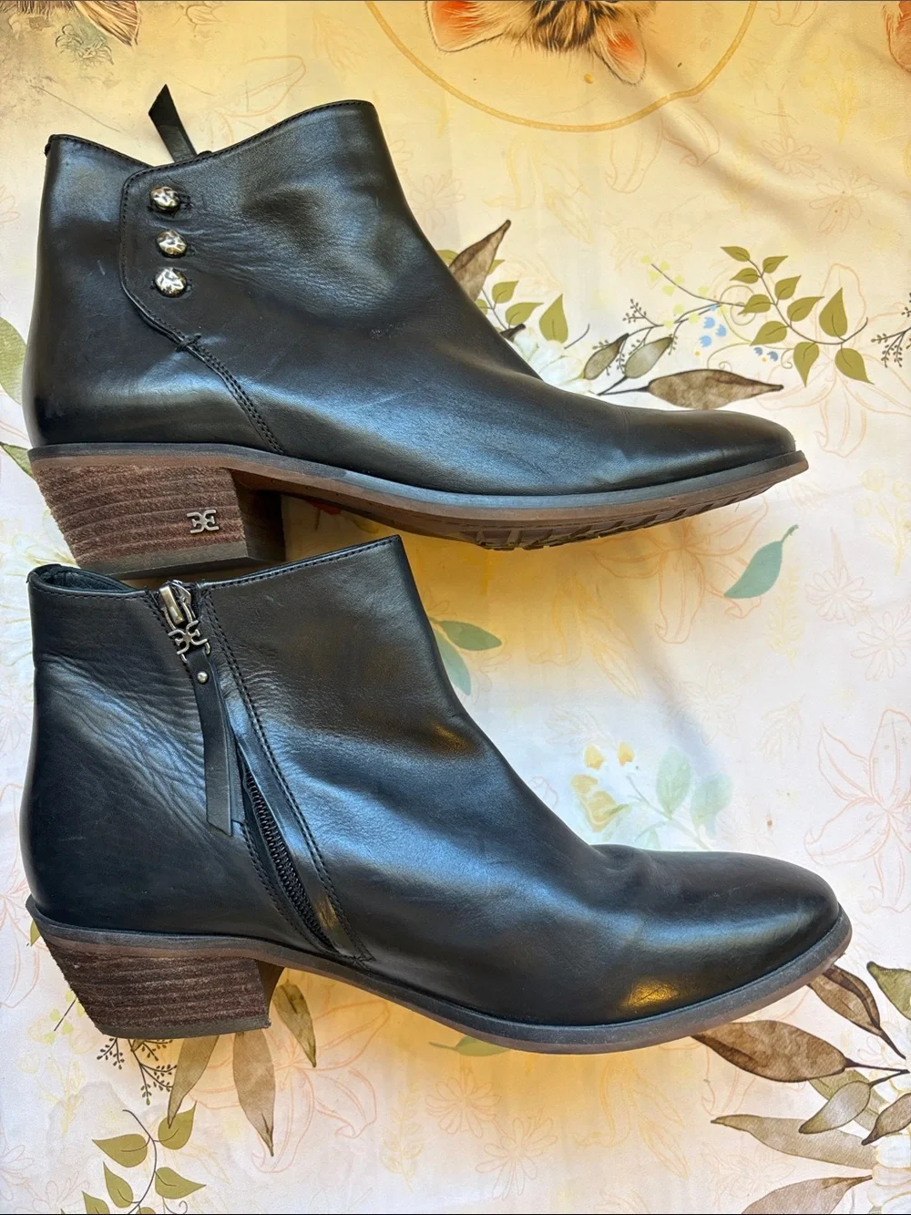 Sam Edelman Black Leather Ankle Booties with Side Zip & Button Detail